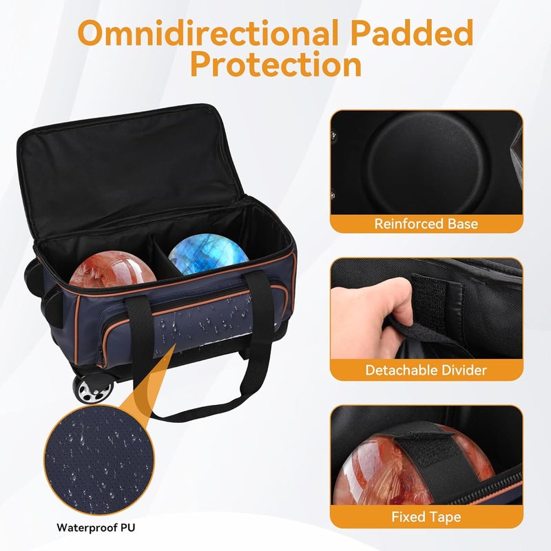 DAUSROOB 2 Ball Bowling Bag with Wheel,900D Oxford Waterproof PU,Dual Roller Bowling Bag with Sturdy Frame,Large Shoe Compartment Fits Up to Men’s 16,Rolling Bowling Tote, Handle Extends to 39.5" - Image 3